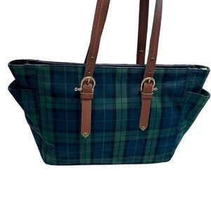 Sperry Tartan Plaid Tote Bag Cotton W/ Leather Handles Navy & Green EUC